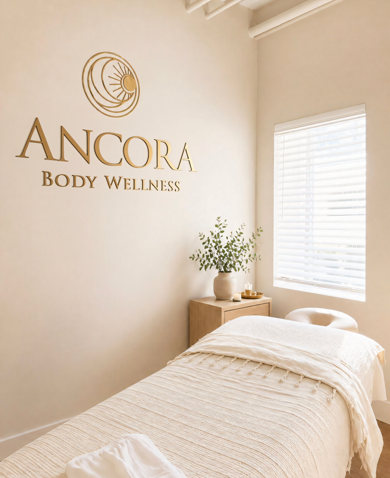 Ancora Body treatment room with Ancora Body Wellness gold logo, prepared for Cavi-Lipo ultrasound contouring sessions